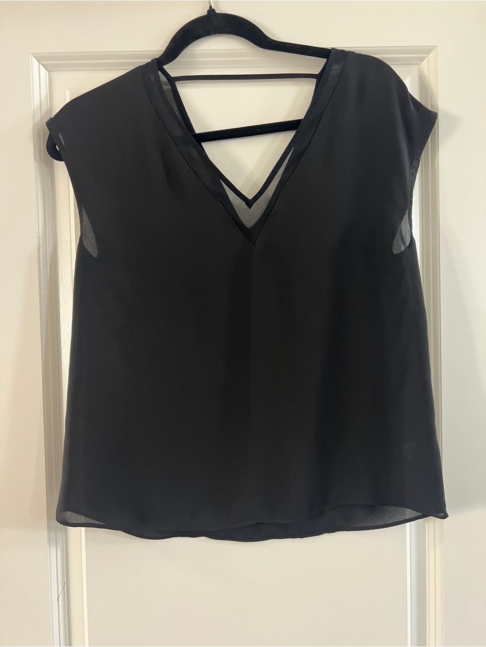 Express Black V-Neck Cap Sleeve Blouse with Low Back and Cut Out Sheer Design